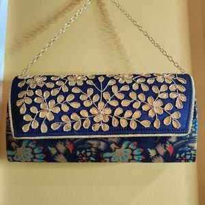 OKPTA Vintage Blue Floral/Gold Fabric Appliques Clutch with Gold Chain Strap